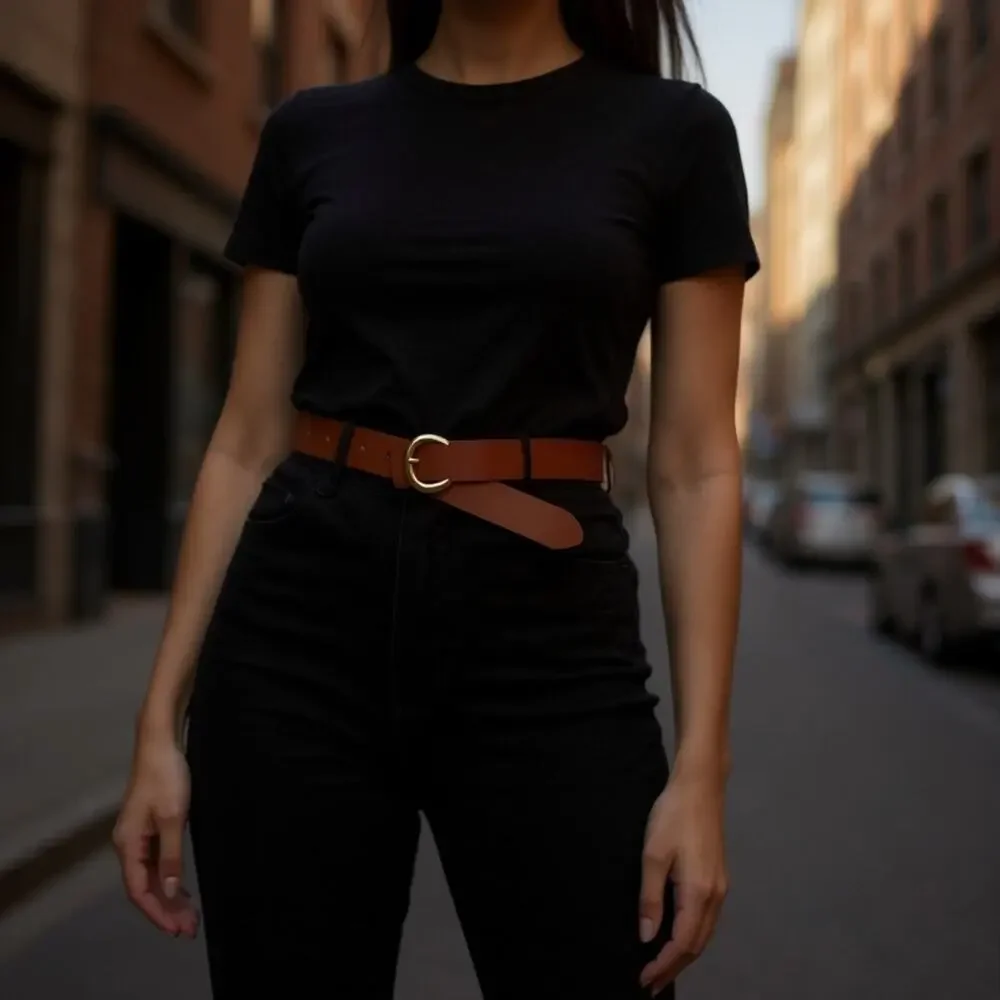 Camel Leather Gold C Buckle Belt
